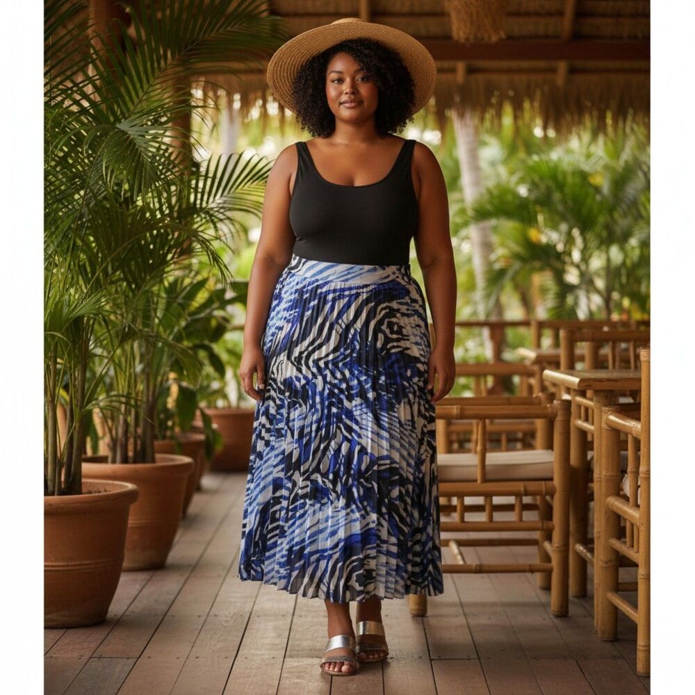 Tropical NEW Chicos Black Label Blue Pleated Maxi Skirt womens 2 M Long